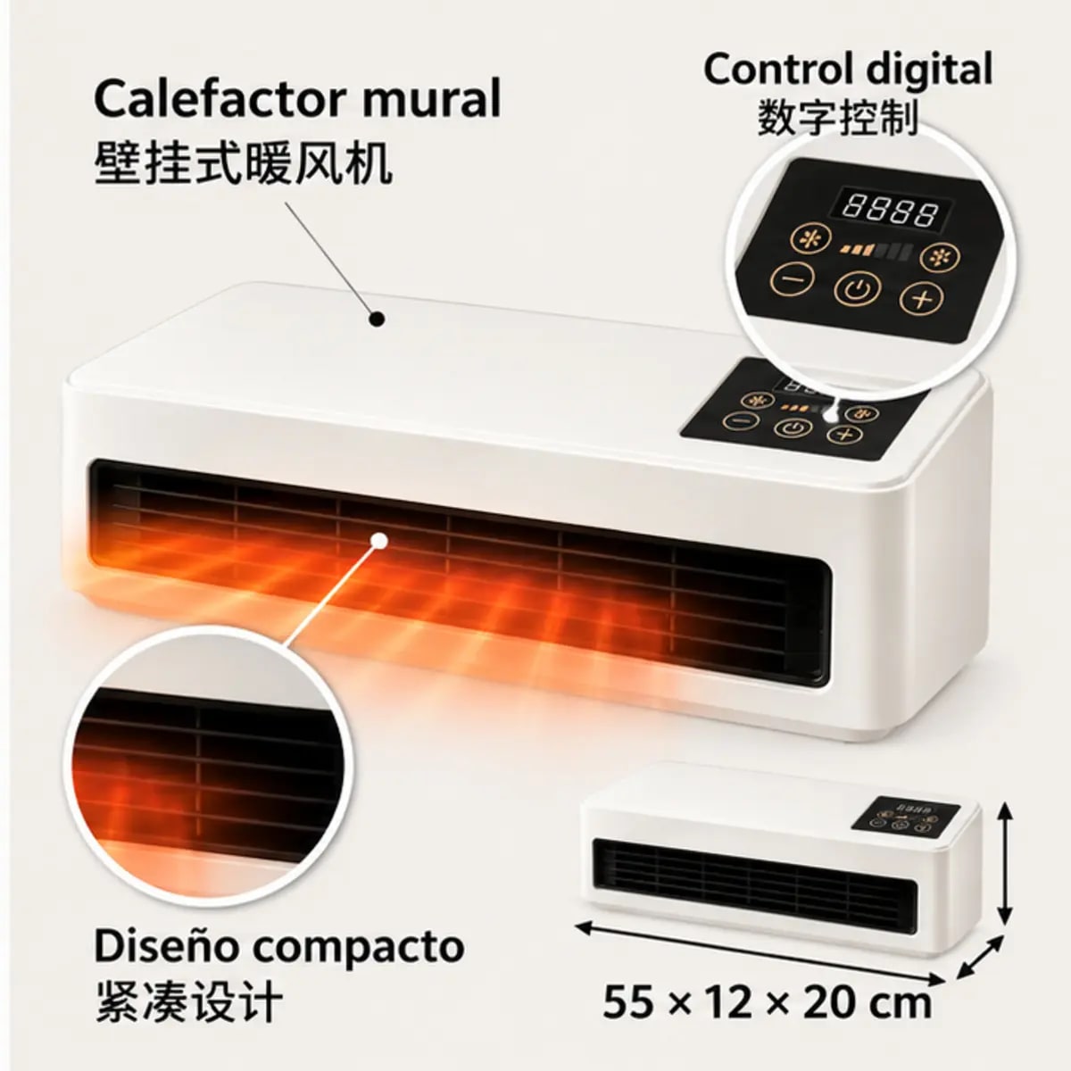 Calefactor de Pared 2 en 1, Calefacción y Ventilación PTC con Pantalla Digital / 壁挂式冷暖两用取暖器-2