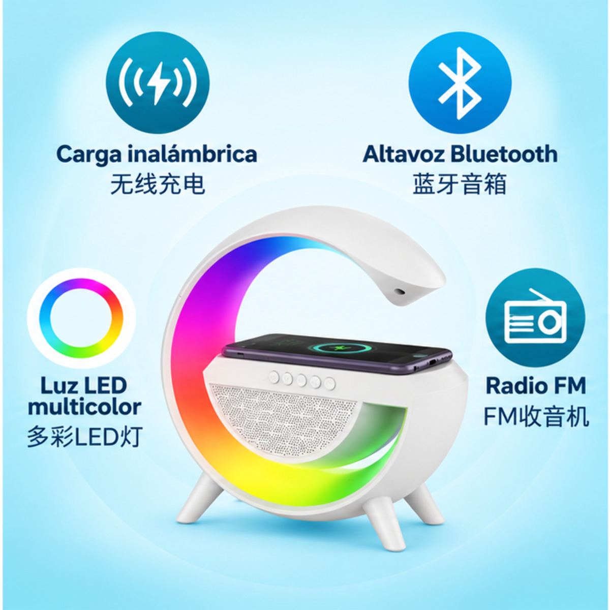 Altavoz LED multifunción con carga inalámbrica, Bluetooth y radio FM / LED无线充电蓝牙音箱多功能床头灯-2