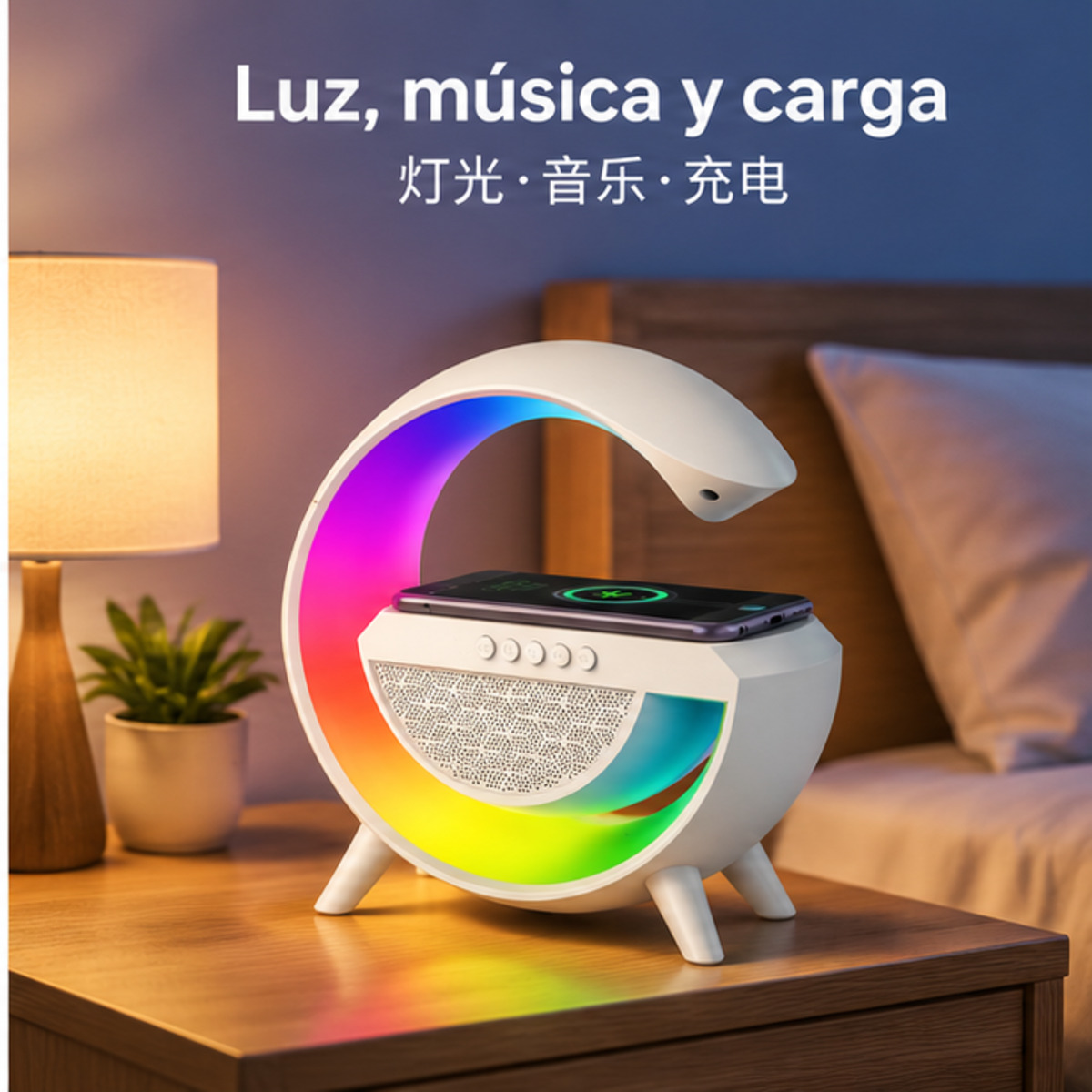 Altavoz LED multifunción con carga inalámbrica, Bluetooth y radio FM / LED无线充电蓝牙音箱多功能床头灯-3