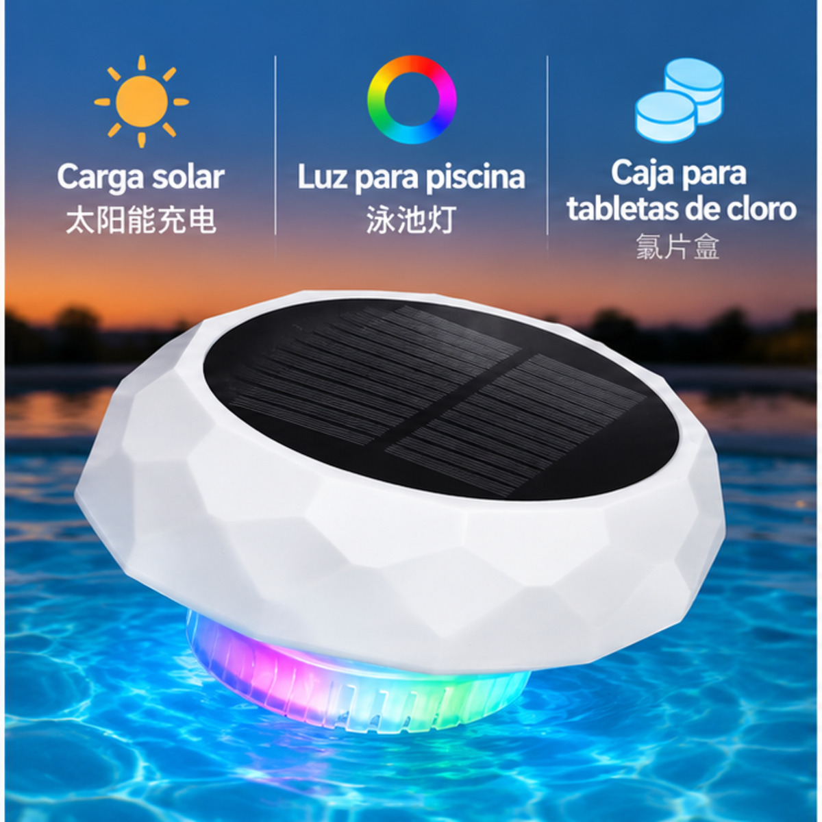 Luz solar flotante para piscina con caja para tabletas de cloro / 太阳能泳池漂浮灯带氯片盒-2