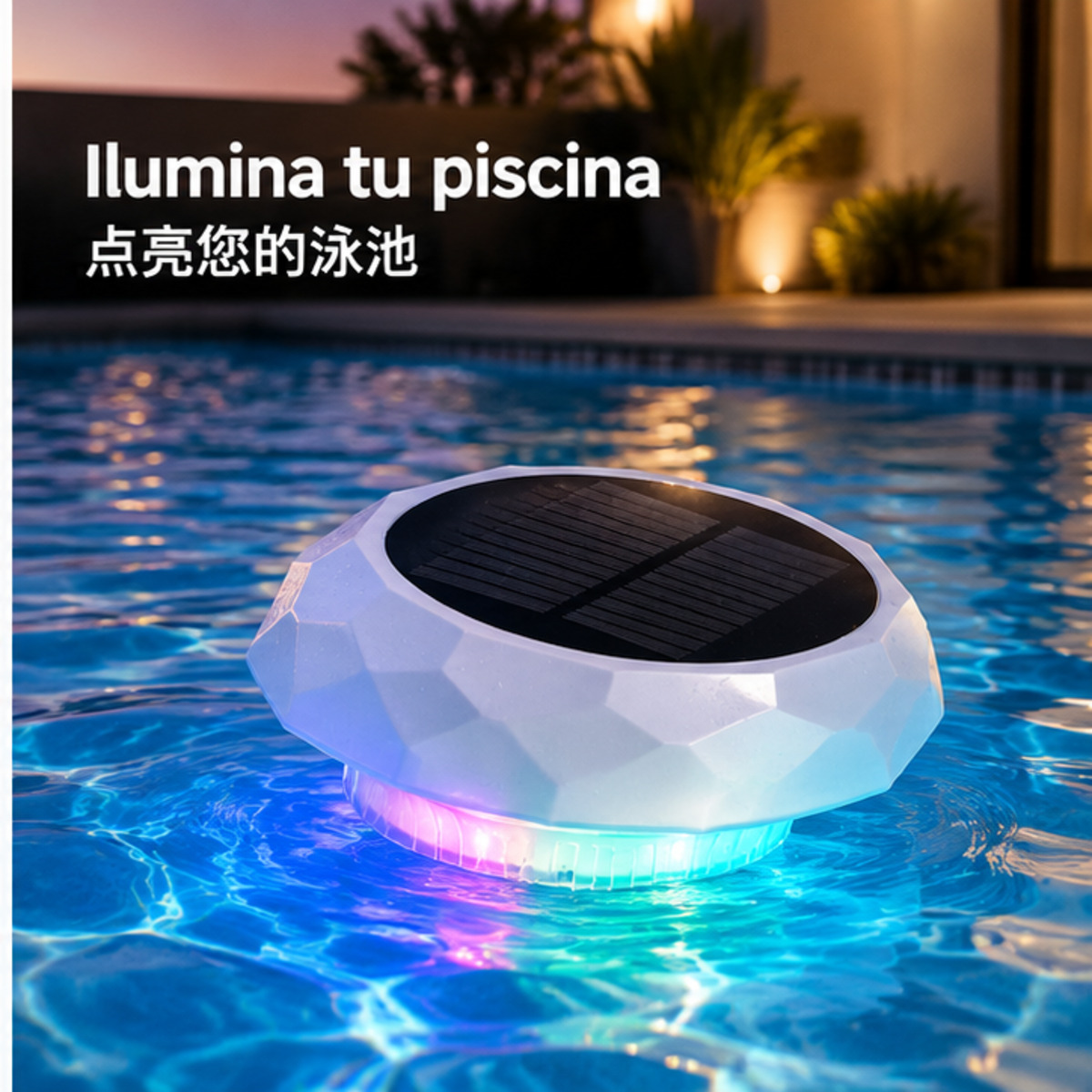 Luz solar flotante para piscina con caja para tabletas de cloro / 太阳能泳池漂浮灯带氯片盒-3