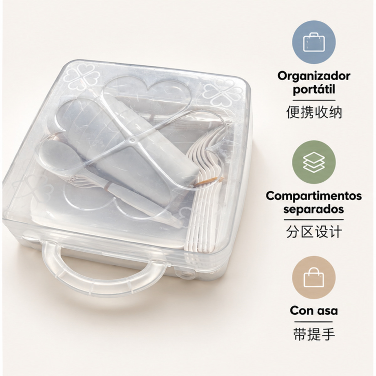 Caja portátil con asa para organizar cubiertos y utensilios / 带提手便携式餐具收纳盒-2