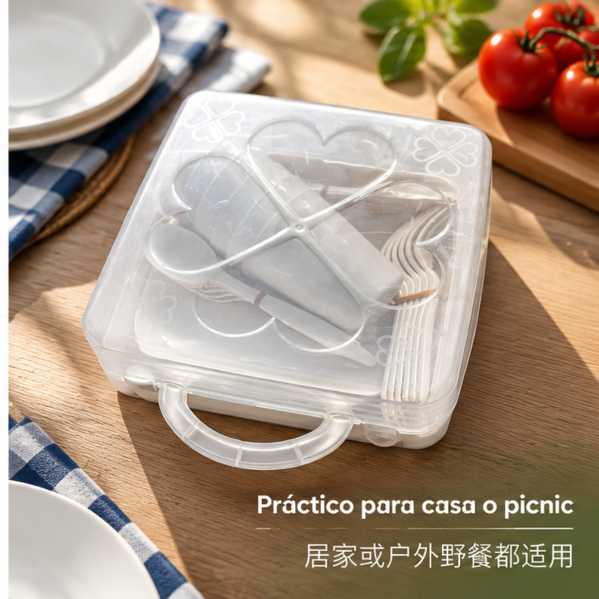 Caja portátil con asa para organizar cubiertos y utensilios / 带提手便携式餐具收纳盒-3